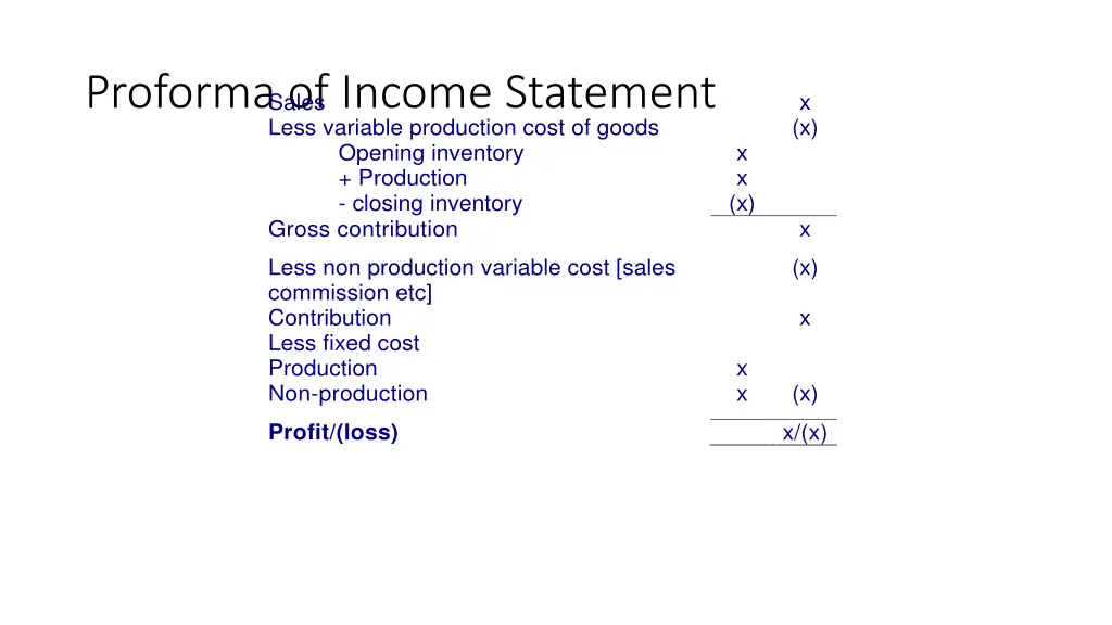 proforma of income statement sales less variable