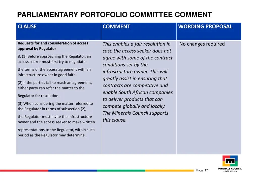 parliamentary portofolio committee comment 1