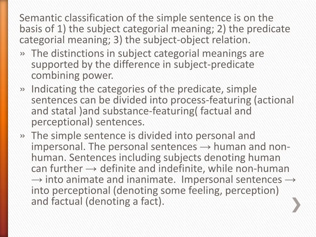 semantic classification of the simple sentence