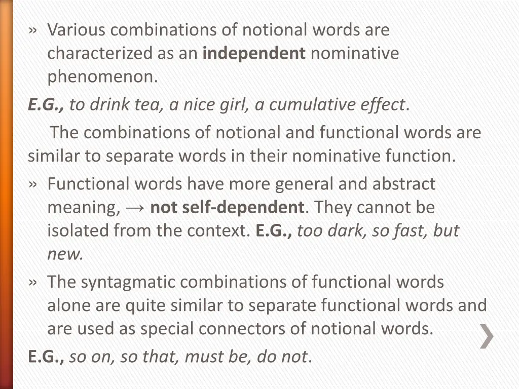 various combinations of notional words