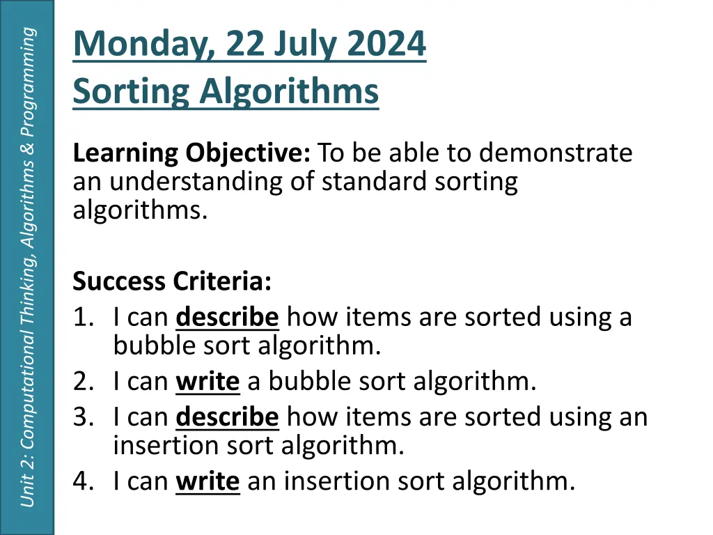 monday 22 july 2024 sorting algorithms