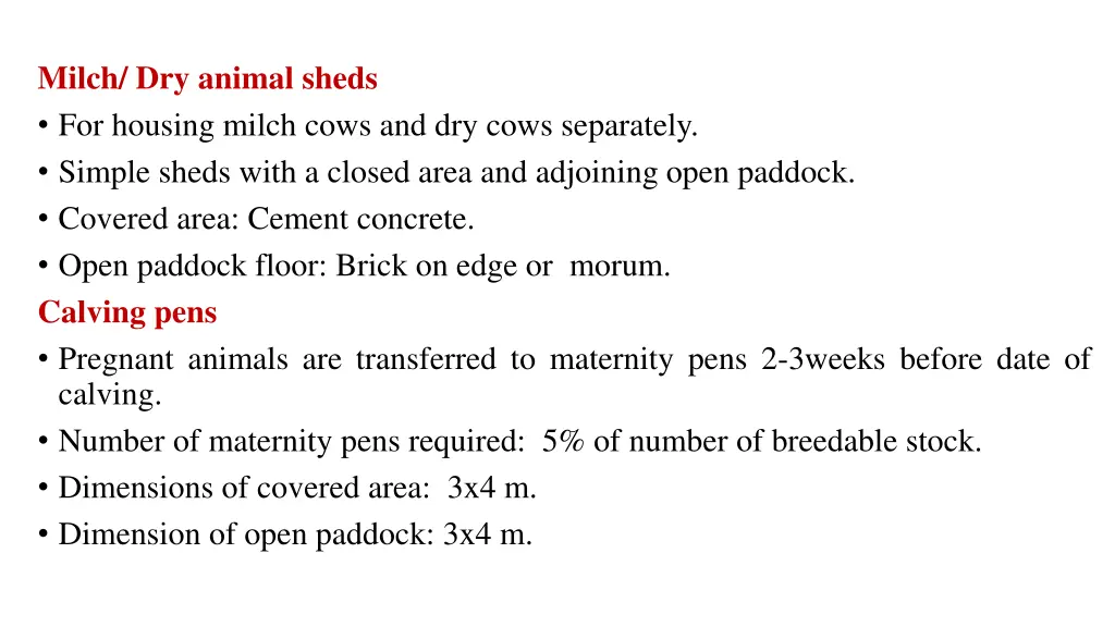 milch dry animal sheds for housing milch cows