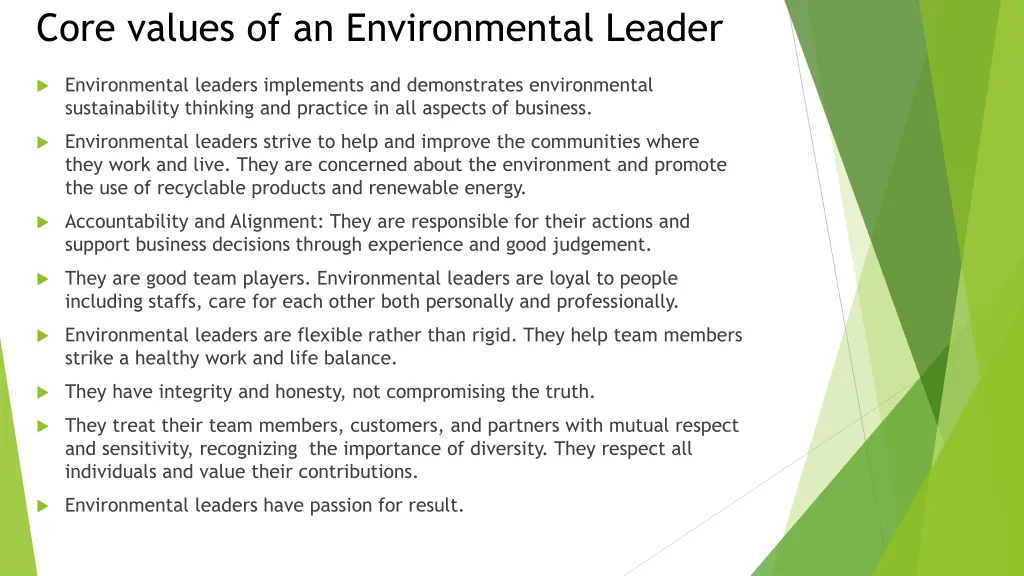 core values of an environmental leader