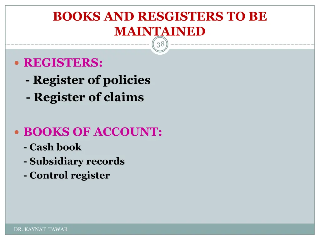 books and resgisters to be maintained 38