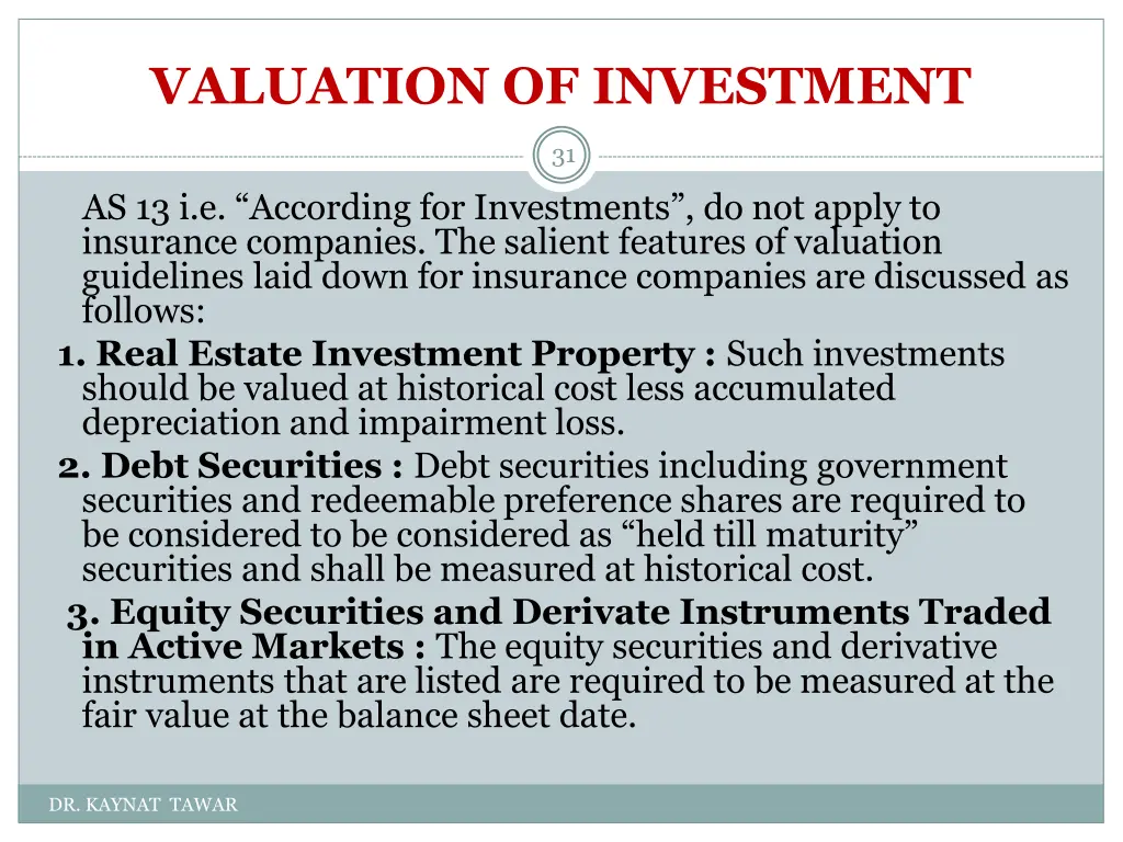 valuation of investment