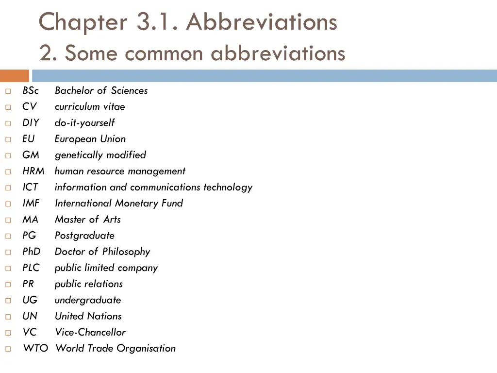 chapter 3 1 abbreviations 2 some common