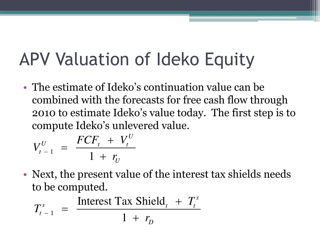 apv valuation of ideko equity