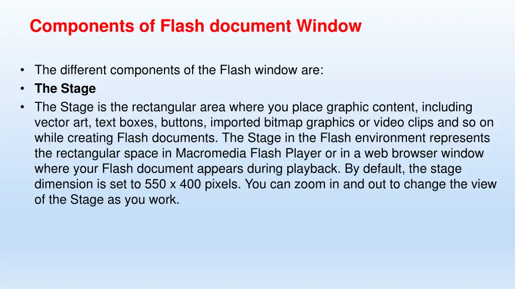 components of flash document window