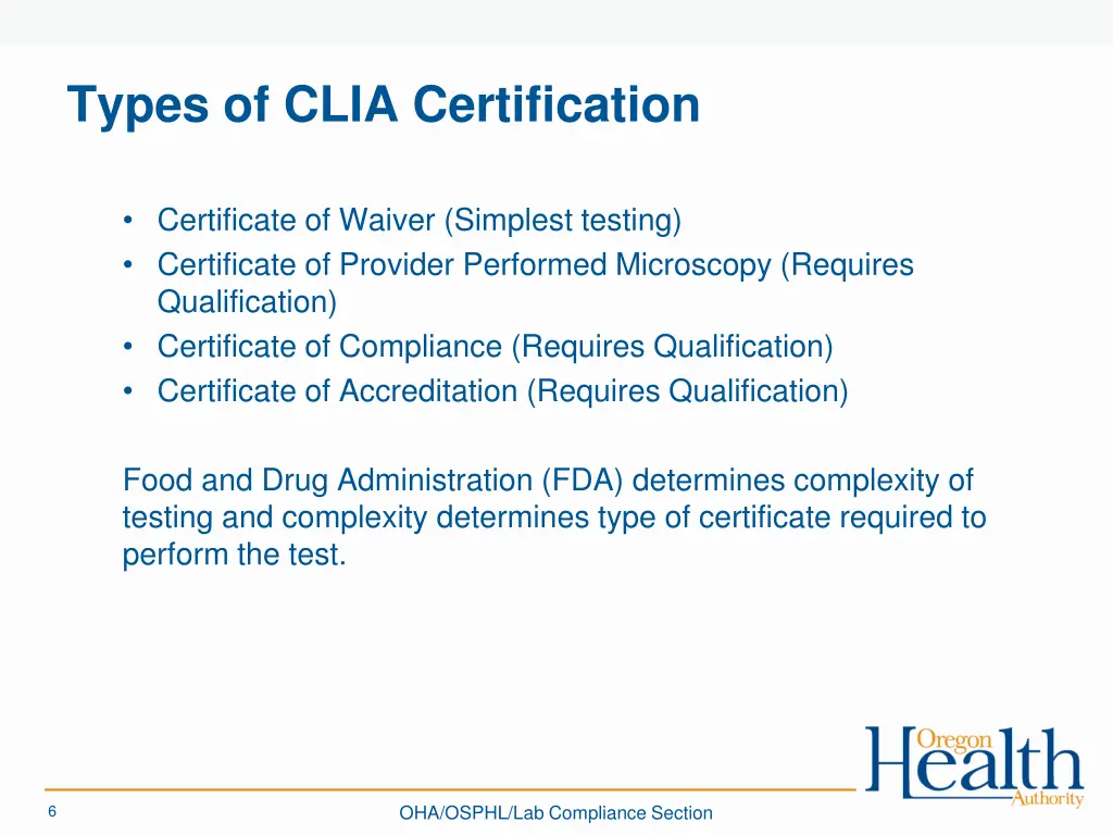 types of clia certification