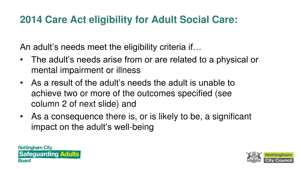 2014 care act eligibility for adult social care