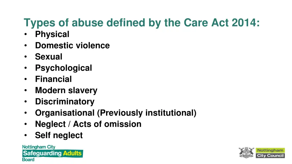 types of abuse defined by the care act 2014