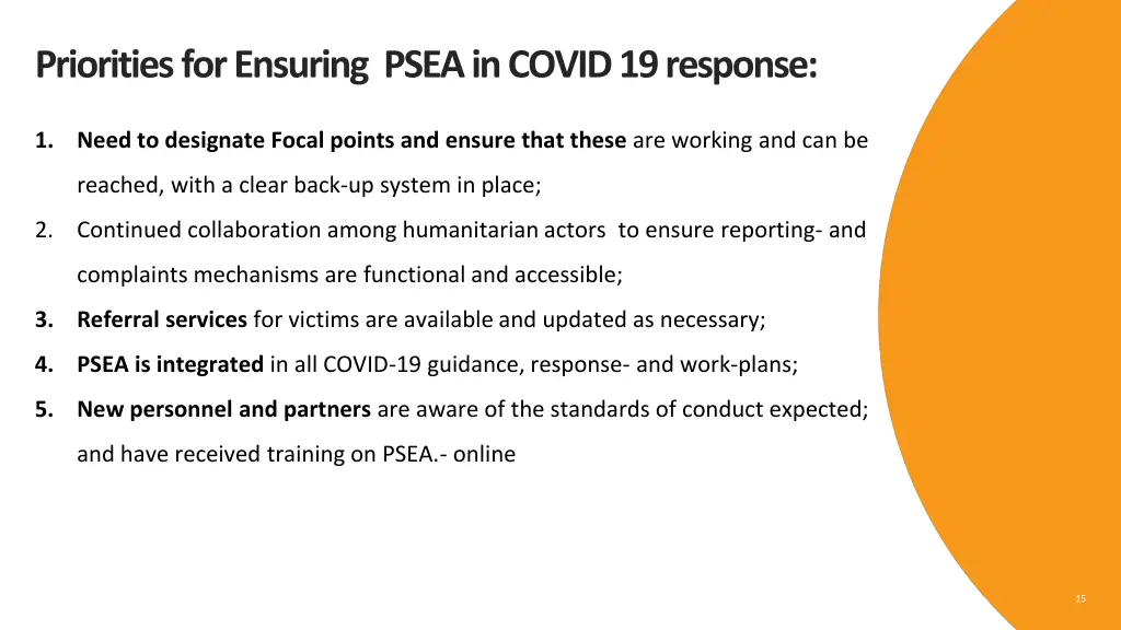 priorities for ensuring psea in covid 19 response