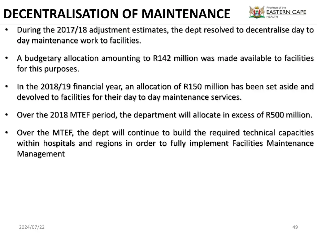 decentralisation of maintenance during the 2017