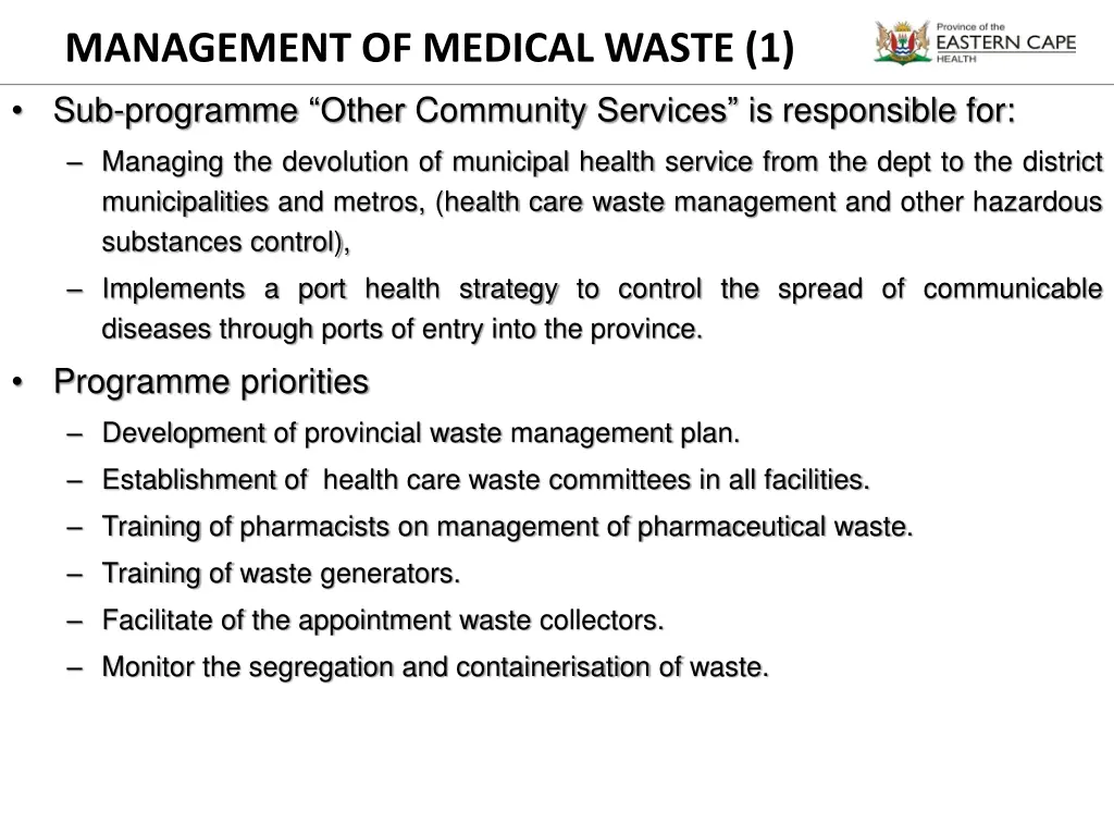 management of medical waste 1 sub programme other