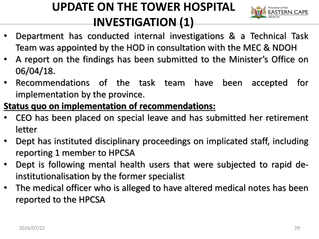 update on the tower hospital investigation