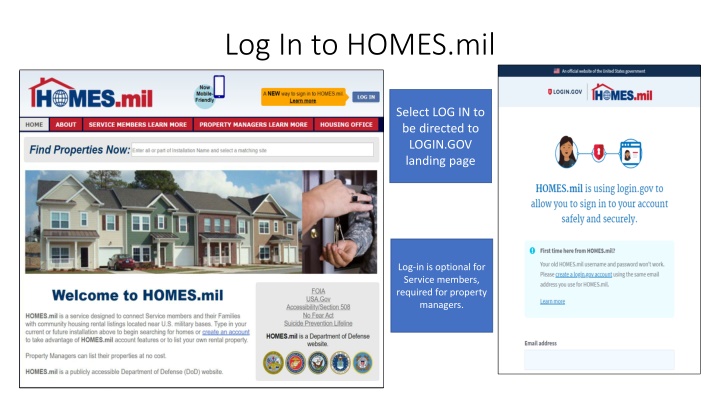 log in to homes mil