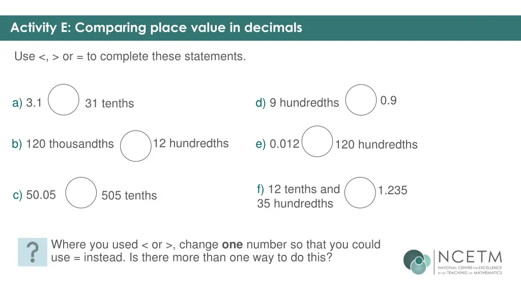 activity e comparing place value in decimals