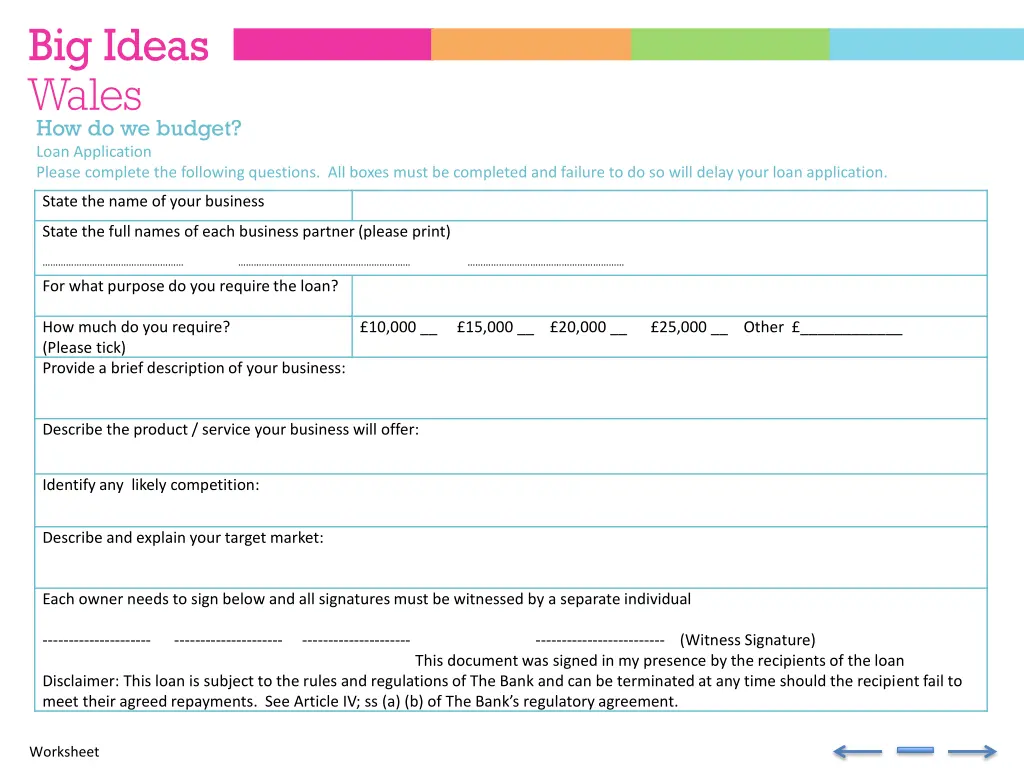 how do we budget loan application please complete