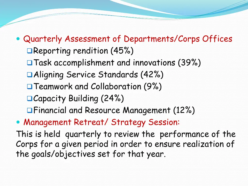 quarterly assessment of departments corps offices