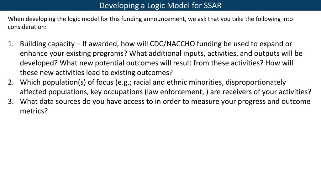 developing a logic model for ssar