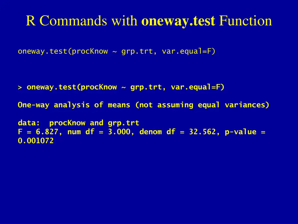 r commands with oneway test function