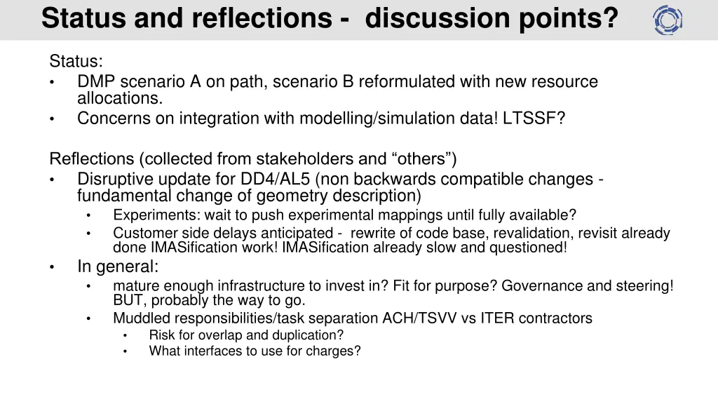 status and reflections discussion points