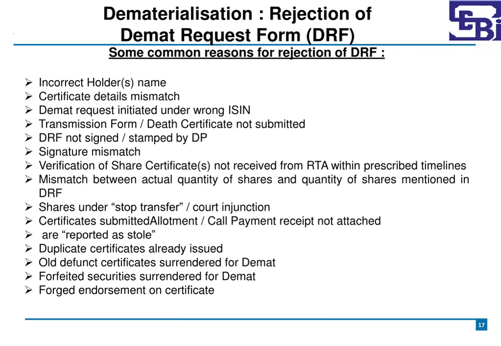 dematerialisation rejection of demat request form