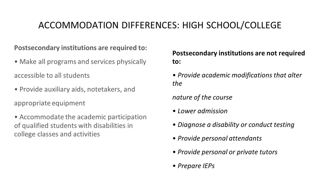 accommodation differences high school college