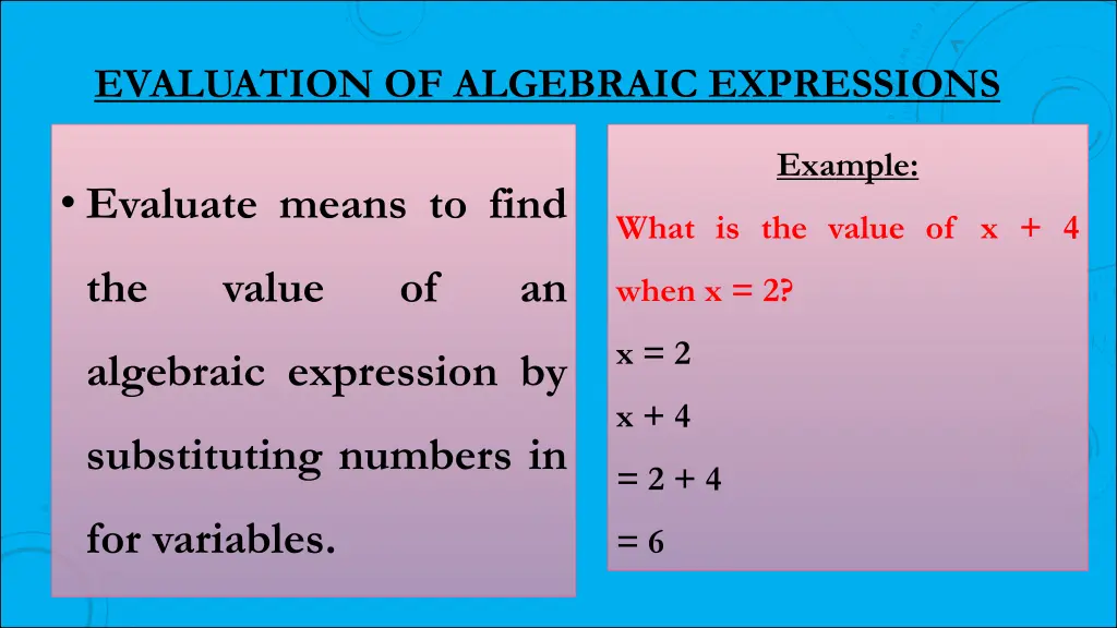 evaluation of algebraic expressions