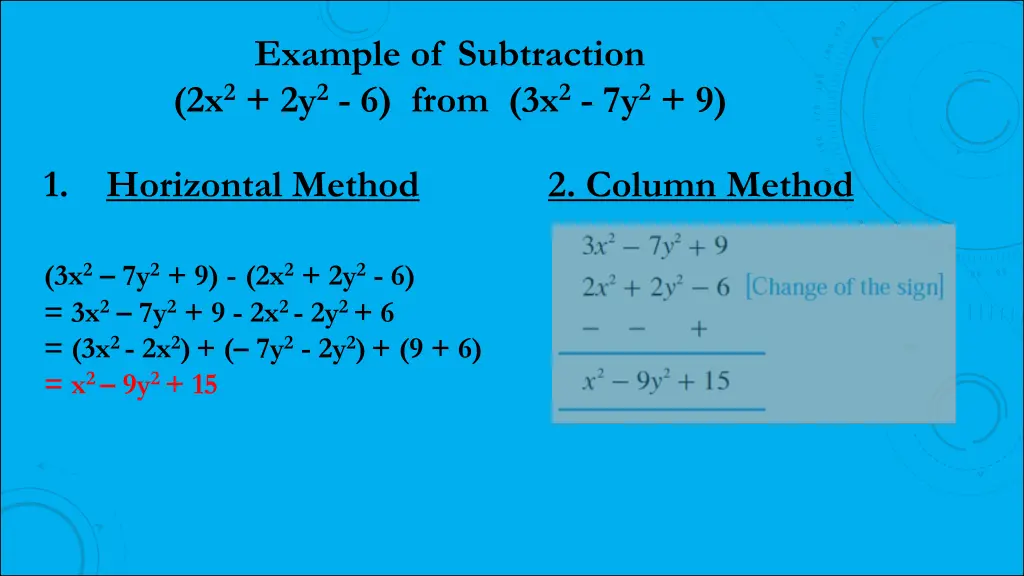 example of subtraction 2x 2 2y 2 6 from