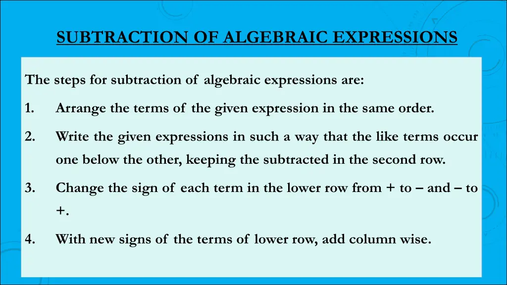 subtraction of algebraic expressions 1