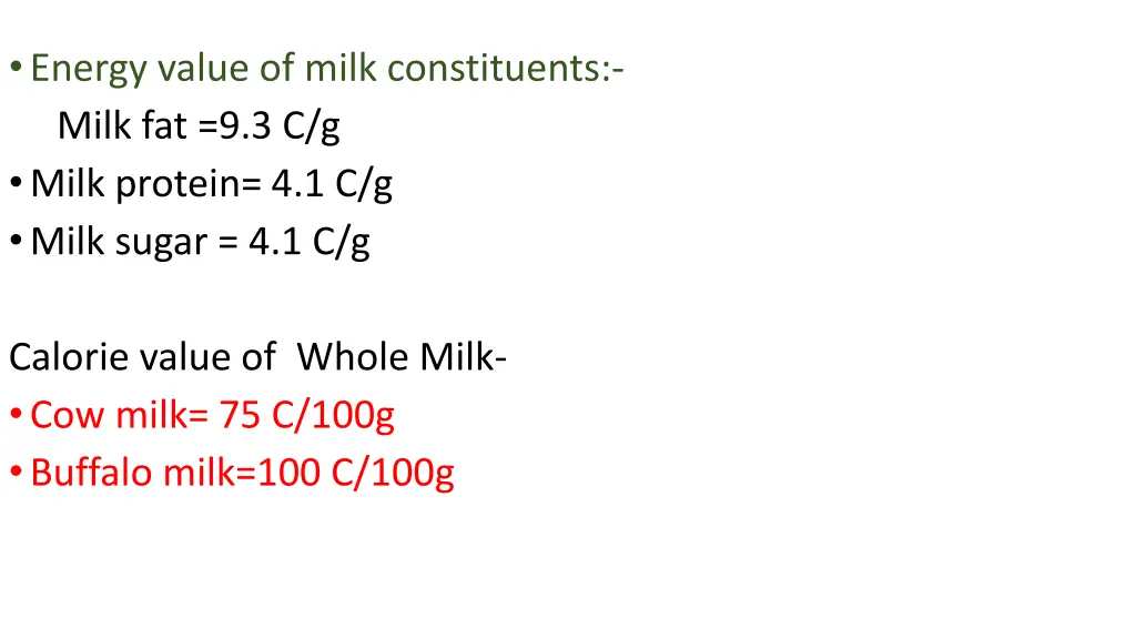 energy value of milk constituents milk