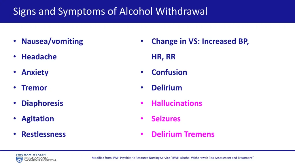 signs and symptoms of alcohol withdrawal