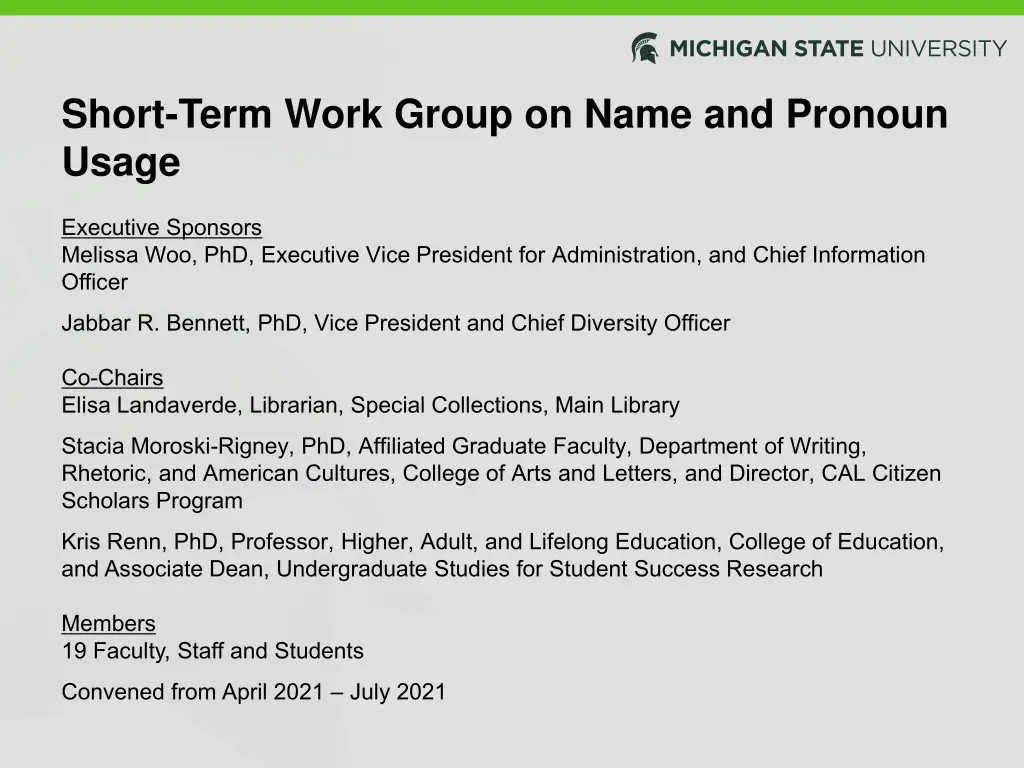 short term work group on name and pronoun usage