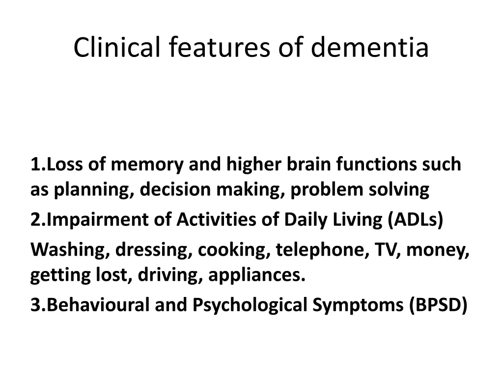 clinical features of dementia