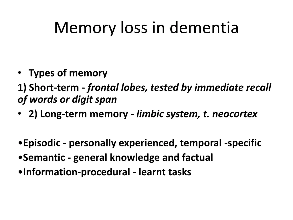 memory loss in dementia