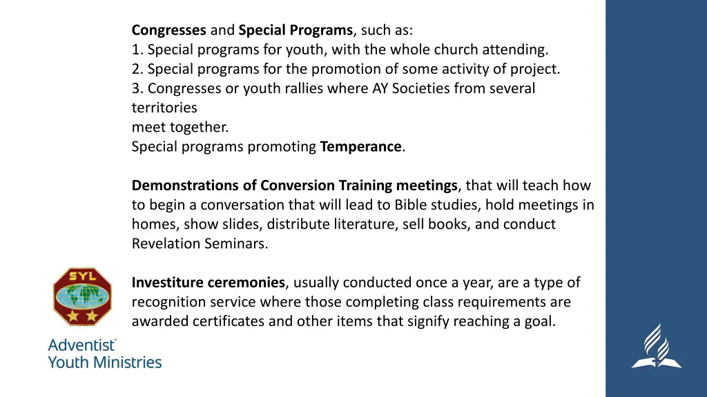 congresses and special programs such as 1 special