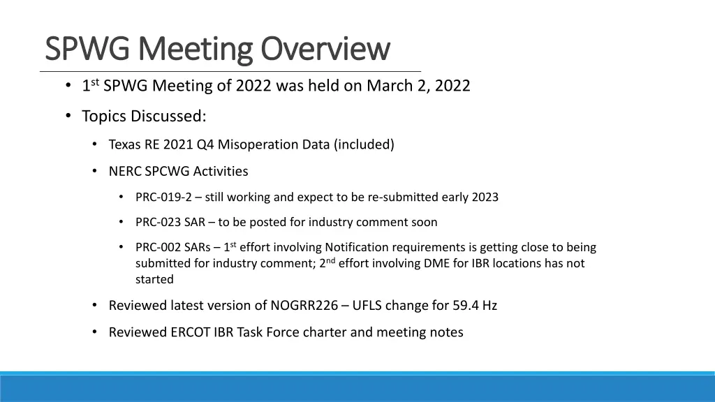 spwg meeting overview spwg meeting overview