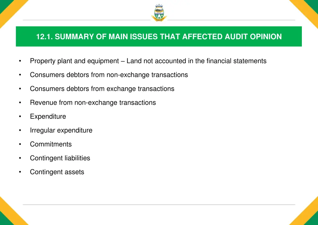 12 1 summary of main issues that affected audit