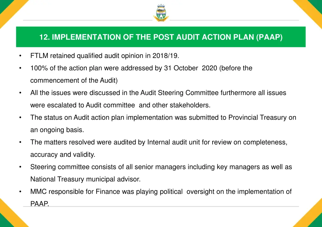 12 implementation of the post audit action plan