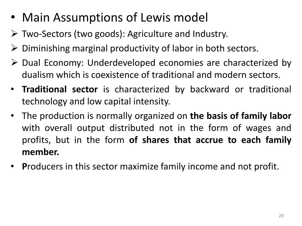 main assumptions of lewis model two sectors