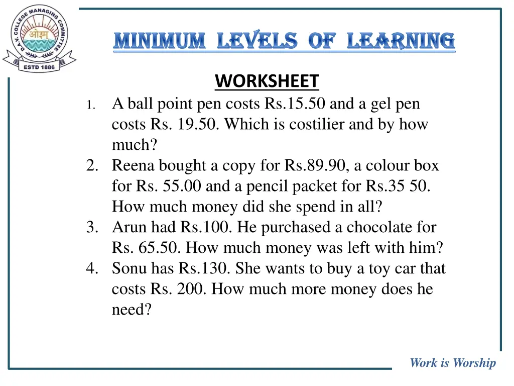 minimum levels of learning minimum levels