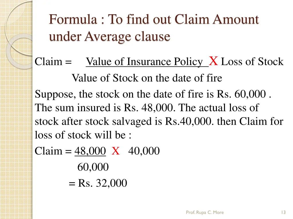 formula to find out claim amount under average