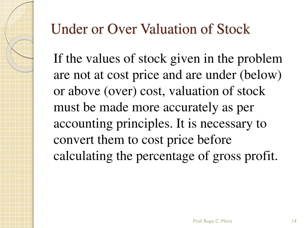 under or over valuation of stock