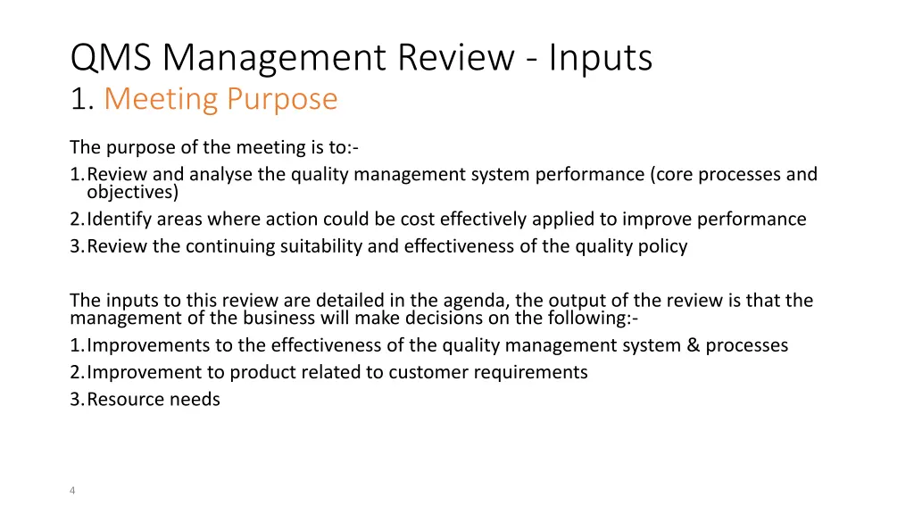 qms management review inputs 1 meeting purpose