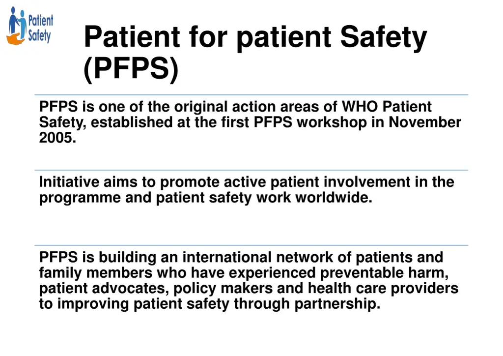 patient for patient safety pfps