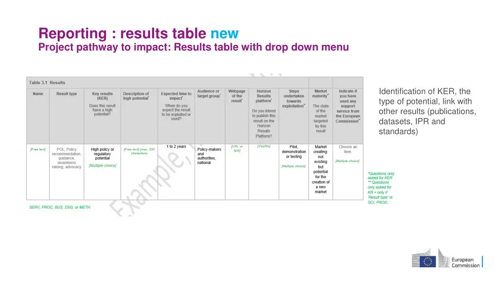 reporting results table new project pathway