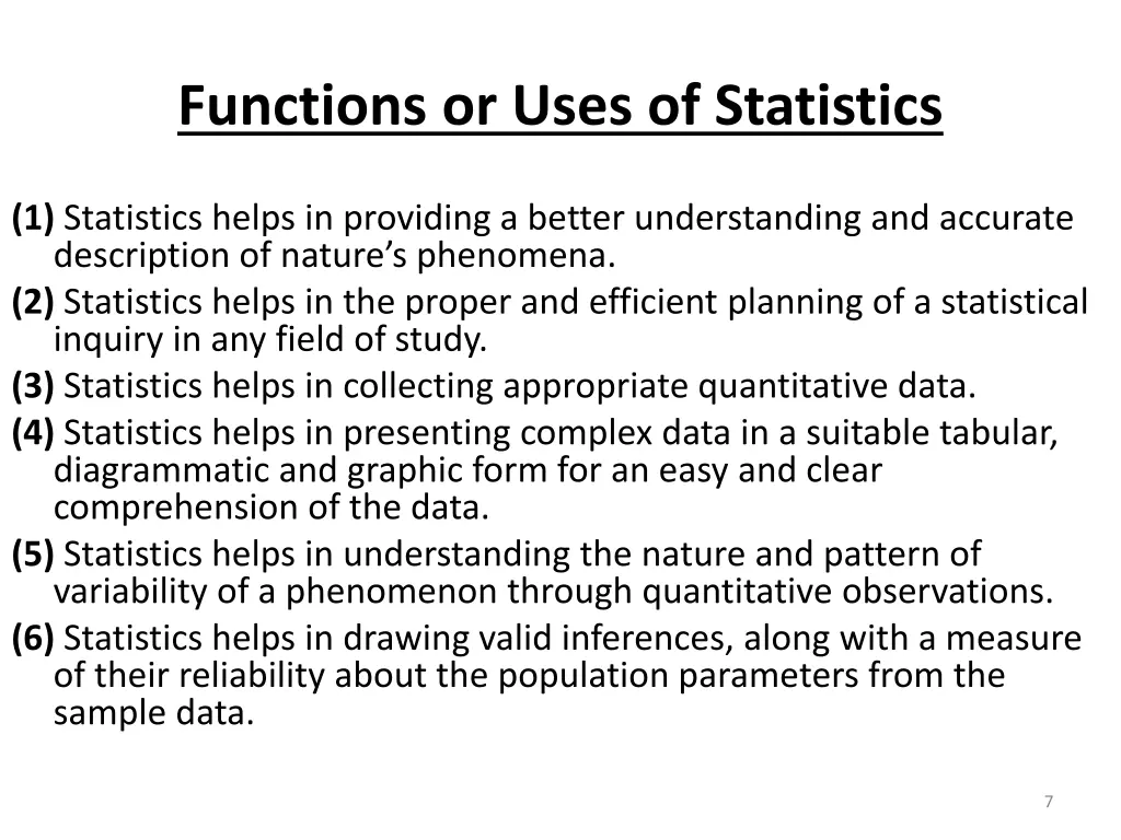 functions or uses of statistics