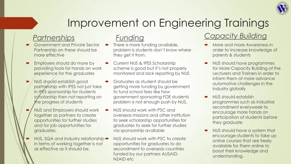 improvement on engineering trainings