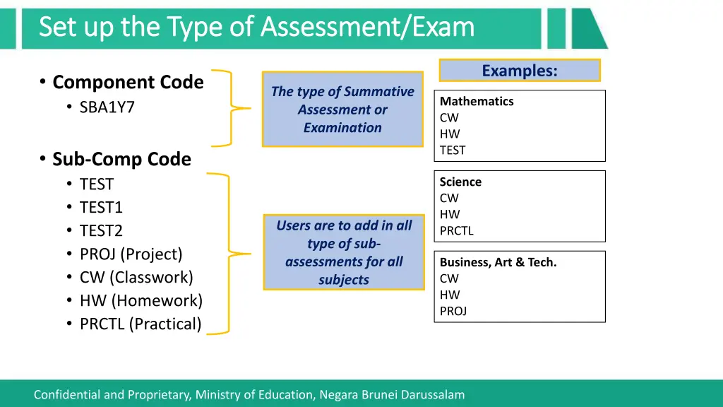 set up the type of assessment exam